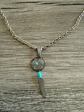 Silver Dreamcatcher Feather Necklace with Turquoise Beads